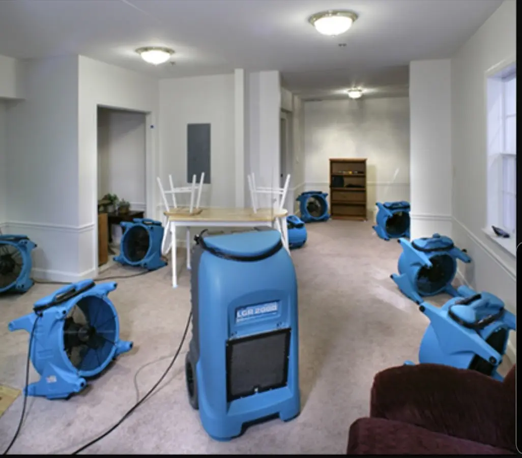 Air movers and dehumidifier setup for Water Damage Restoration in Waldoboro